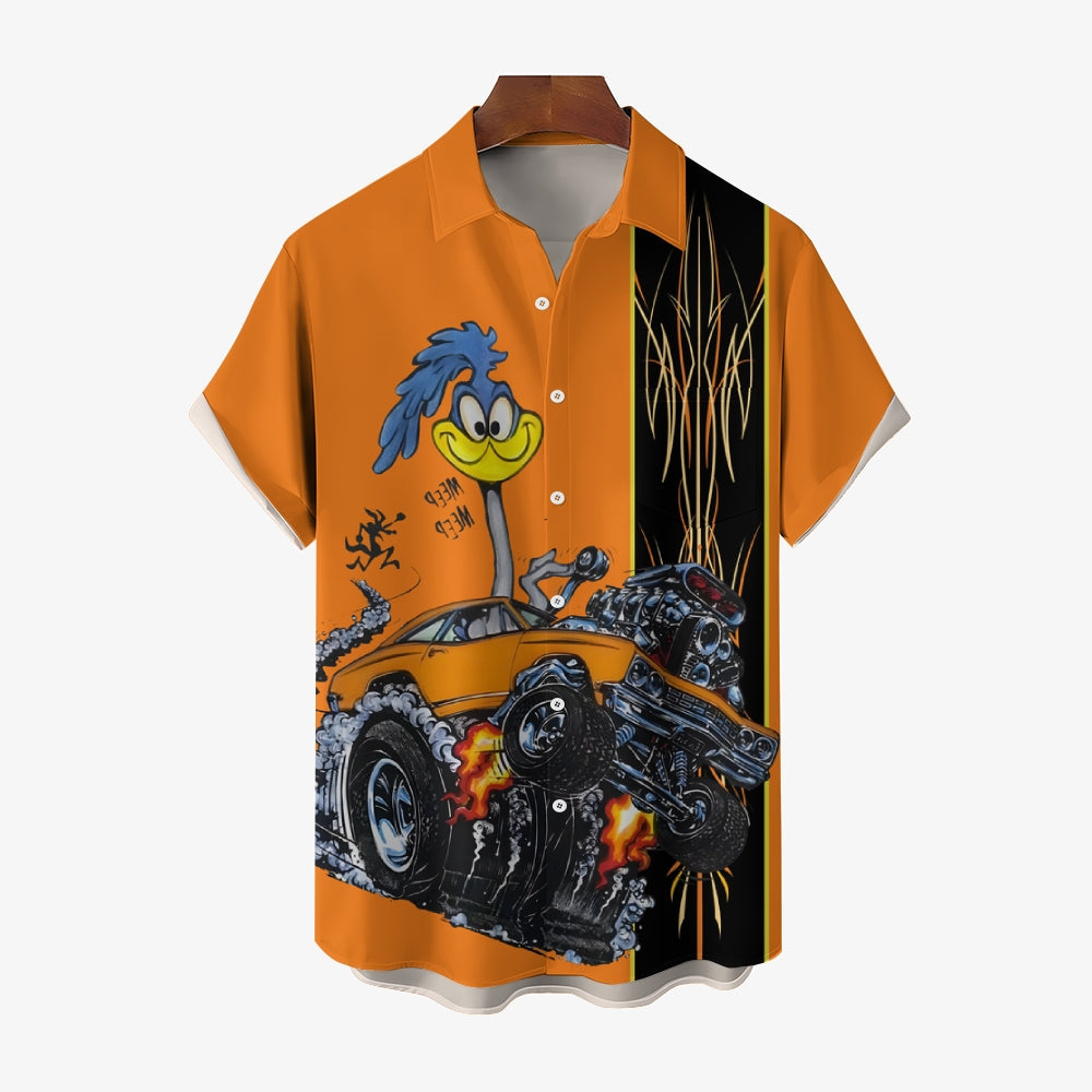 Classic Cartoon Modified Car Pinstripe Contrast Short Sleeve Shirt 2406000597