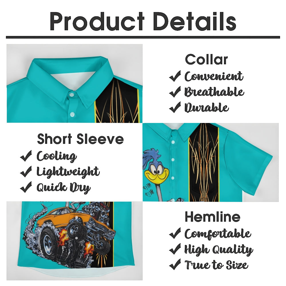 Classic Cartoon Modified Car Pinstripe Contrast Short Sleeve Shirt 2406000597