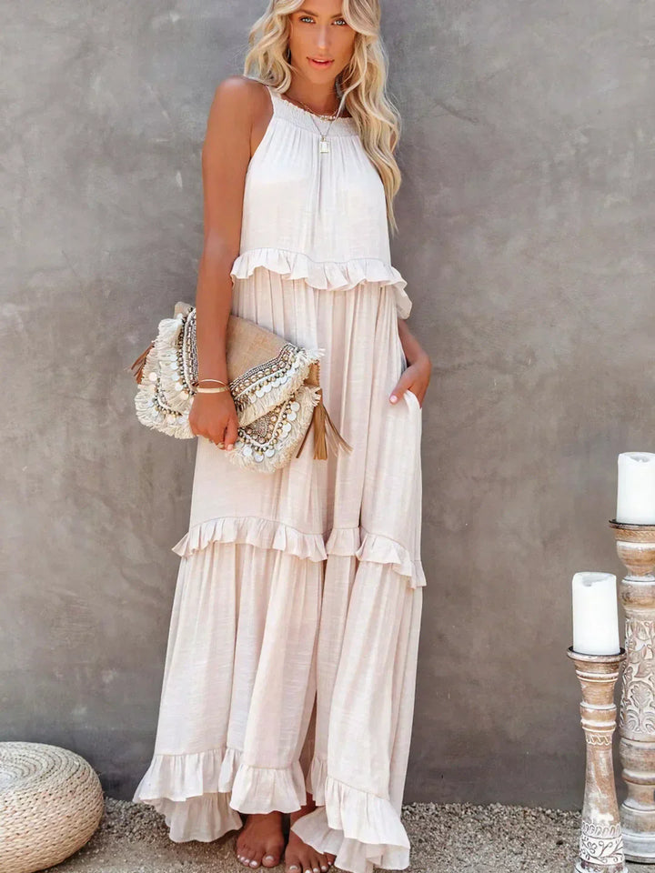 Charlize™ - Sunshine Breeze Halter Ruffle Maxi Dress met Zakken