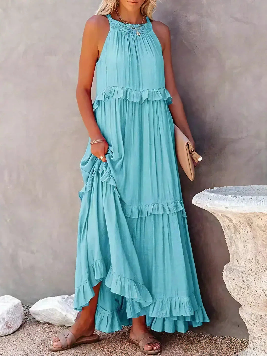 Charlize™ - Sunshine Breeze Halter Ruffle Maxi Dress met Zakken