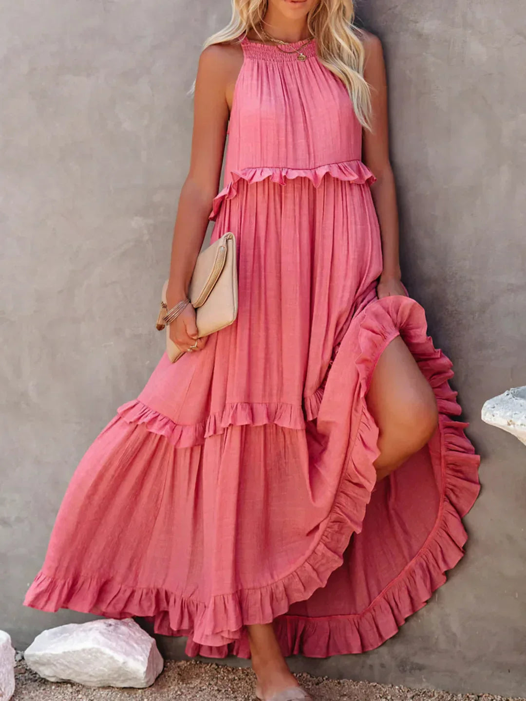 Charlize™ - Sunshine Breeze Halter Ruffle Maxi Dress met Zakken