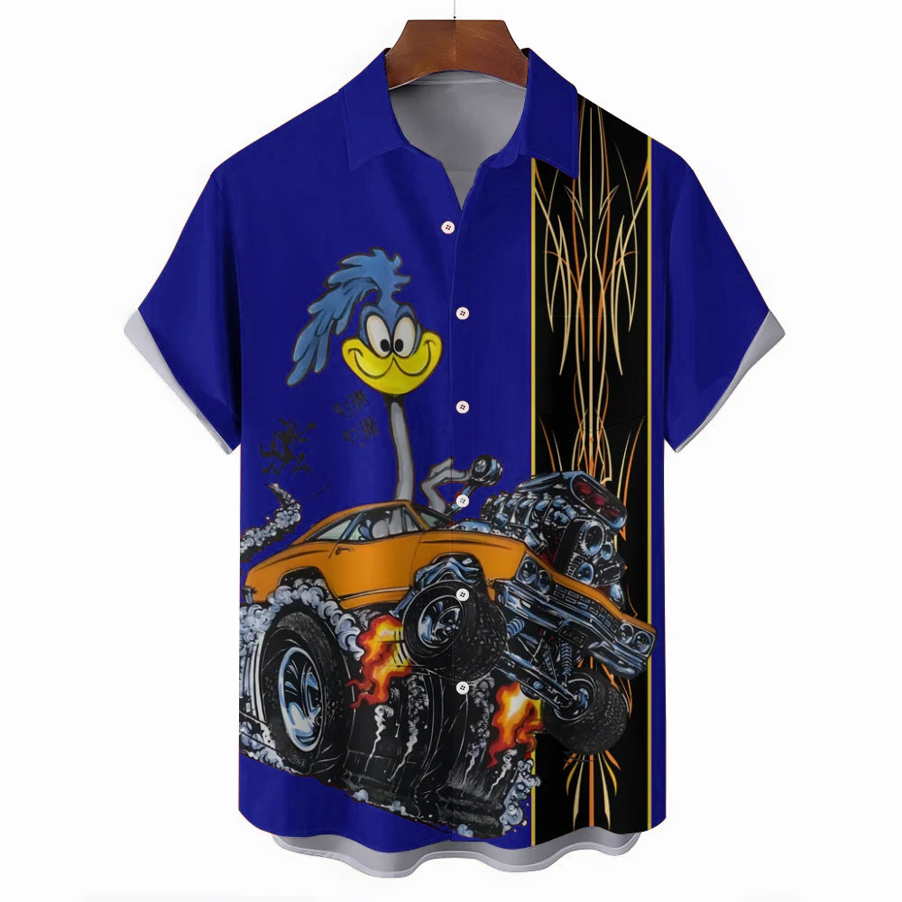 Classic Cartoon Modified Car Pinstripe Contrast Short Sleeve Shirt 2406000597