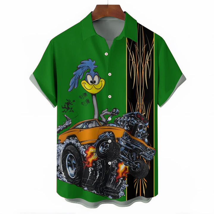 Classic Cartoon Modified Car Pinstripe Contrast Short Sleeve Shirt 2406000597